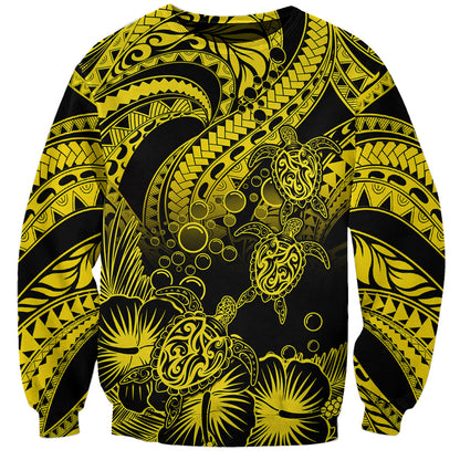 Personalised Polynesian Sweatshirt Tribal Honu Turtle with Hibiscus Gold Version