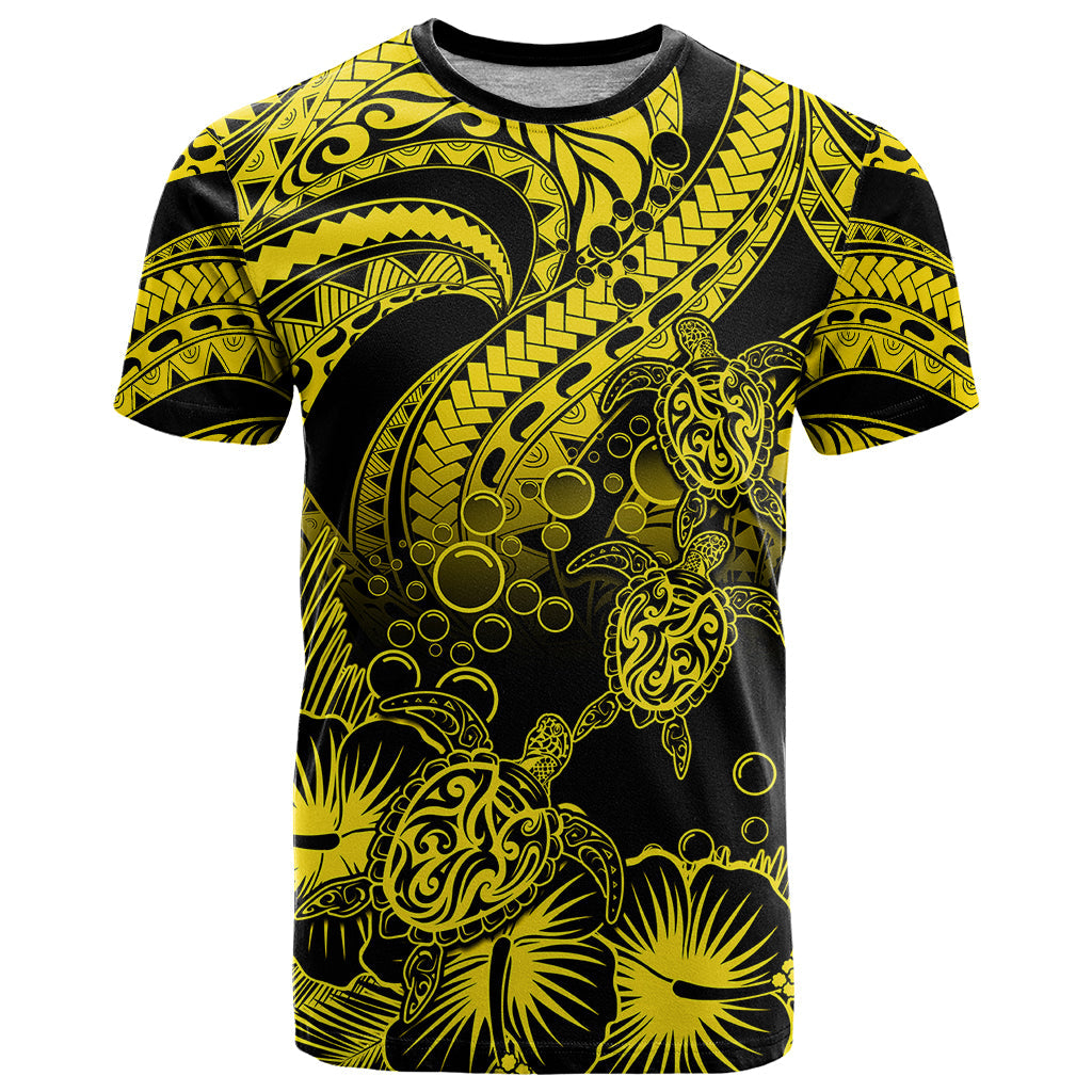 Personalised Polynesian T Shirt Tribal Honu Turtle with Hibiscus Gold Version