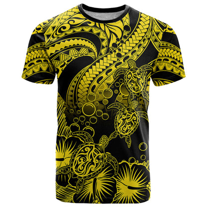Personalised Polynesian T Shirt Tribal Honu Turtle with Hibiscus Gold Version