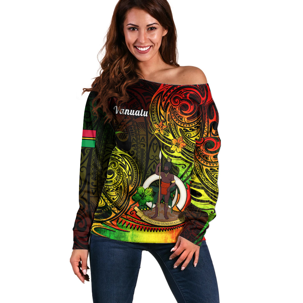 Personalised Vanuatu Off Shoulder Sweater Reggae Polynesia Long God Yumi Stanap