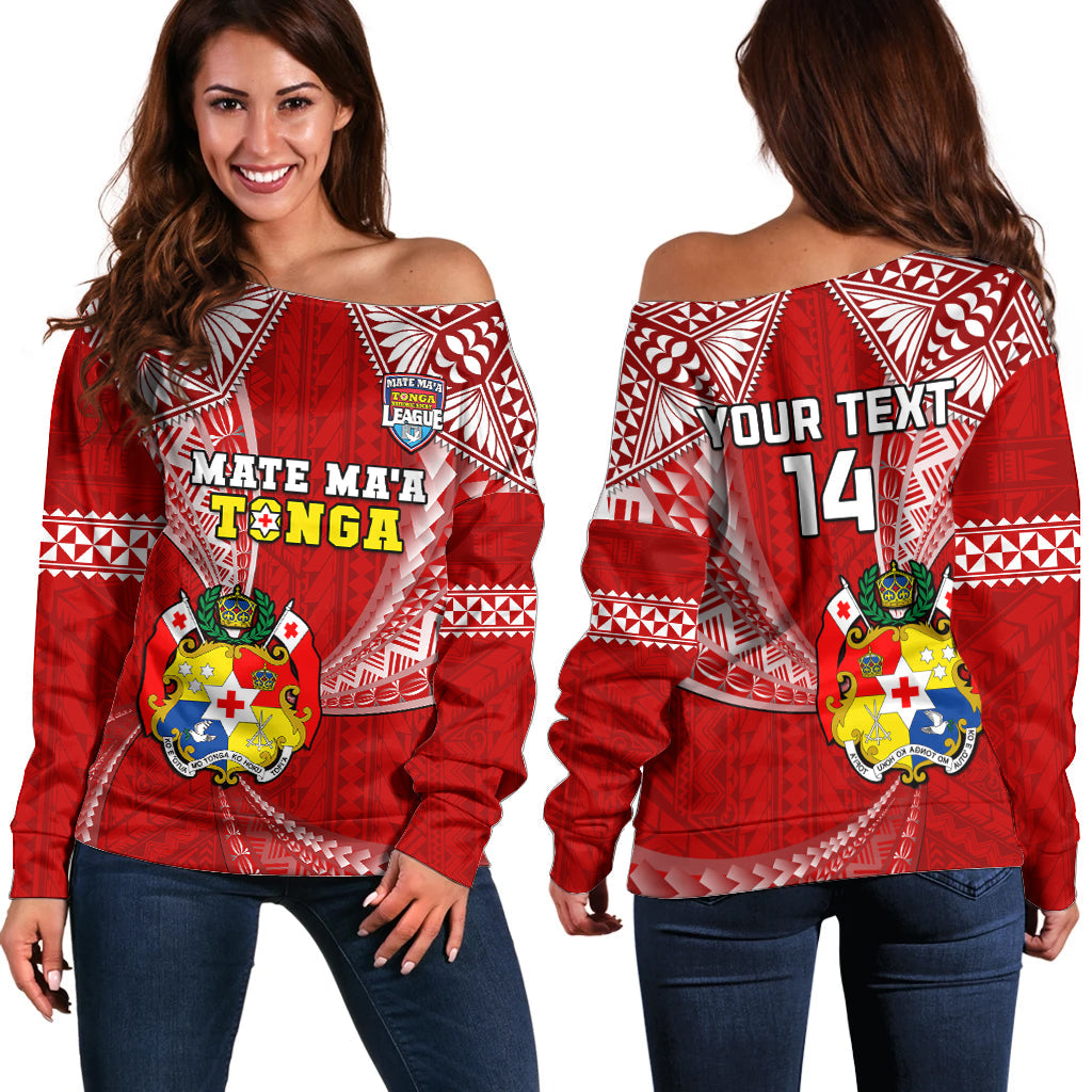 (Custom Text And Number) Tonga Rugby Off Shoulder Sweater Mate Maa Tonga Pacific Tongan Ngatu