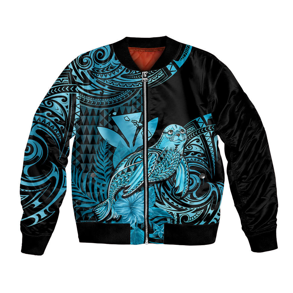 (Custom Personalised) Hawaii Monk Seal Bomber Jacket Polynesian Kakau With Kanaka Turquoise