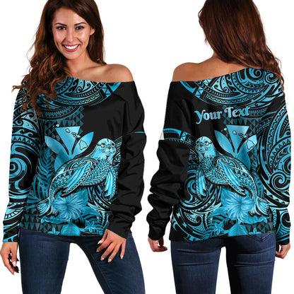 (Custom Personalised) Hawaii Monk Seal Off Shoulder Sweater Polynesian Kakau With Kanaka Turquoise