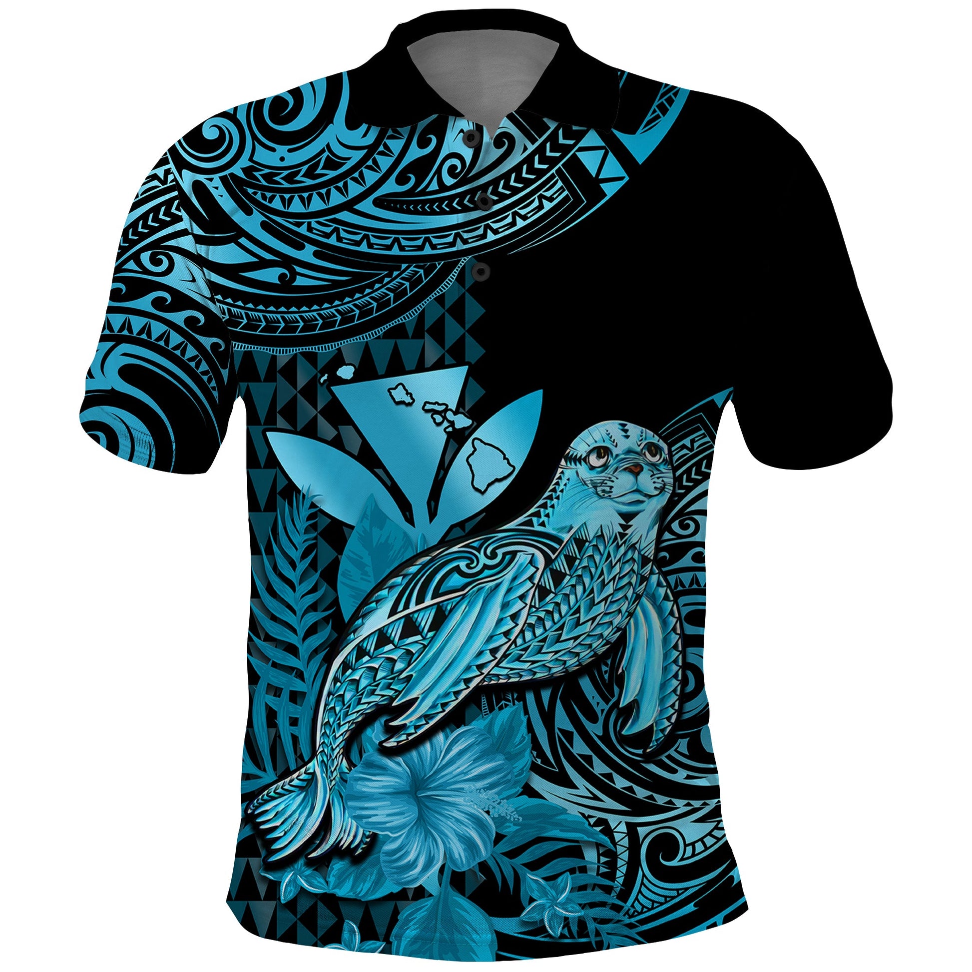 Custom Personalised Hawaii Monk Seal Polo Shirt Polynesian Kakau With Kanaka Turquoise