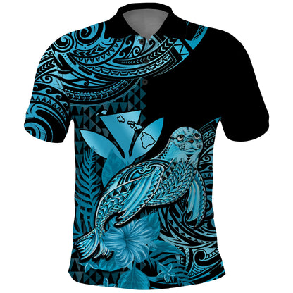 Custom Personalised Hawaii Monk Seal Polo Shirt Polynesian Kakau With Kanaka Turquoise