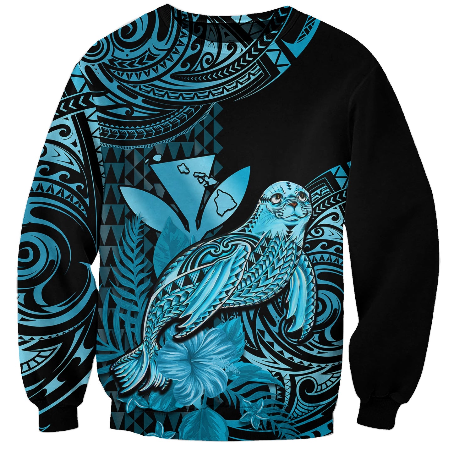 Custom Personalised Hawaii Monk Seal Sweatshirt Polynesian Kakau With Kanaka Turquoise