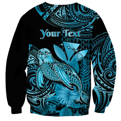 Custom Personalised Hawaii Monk Seal Sweatshirt Polynesian Kakau With Kanaka Turquoise