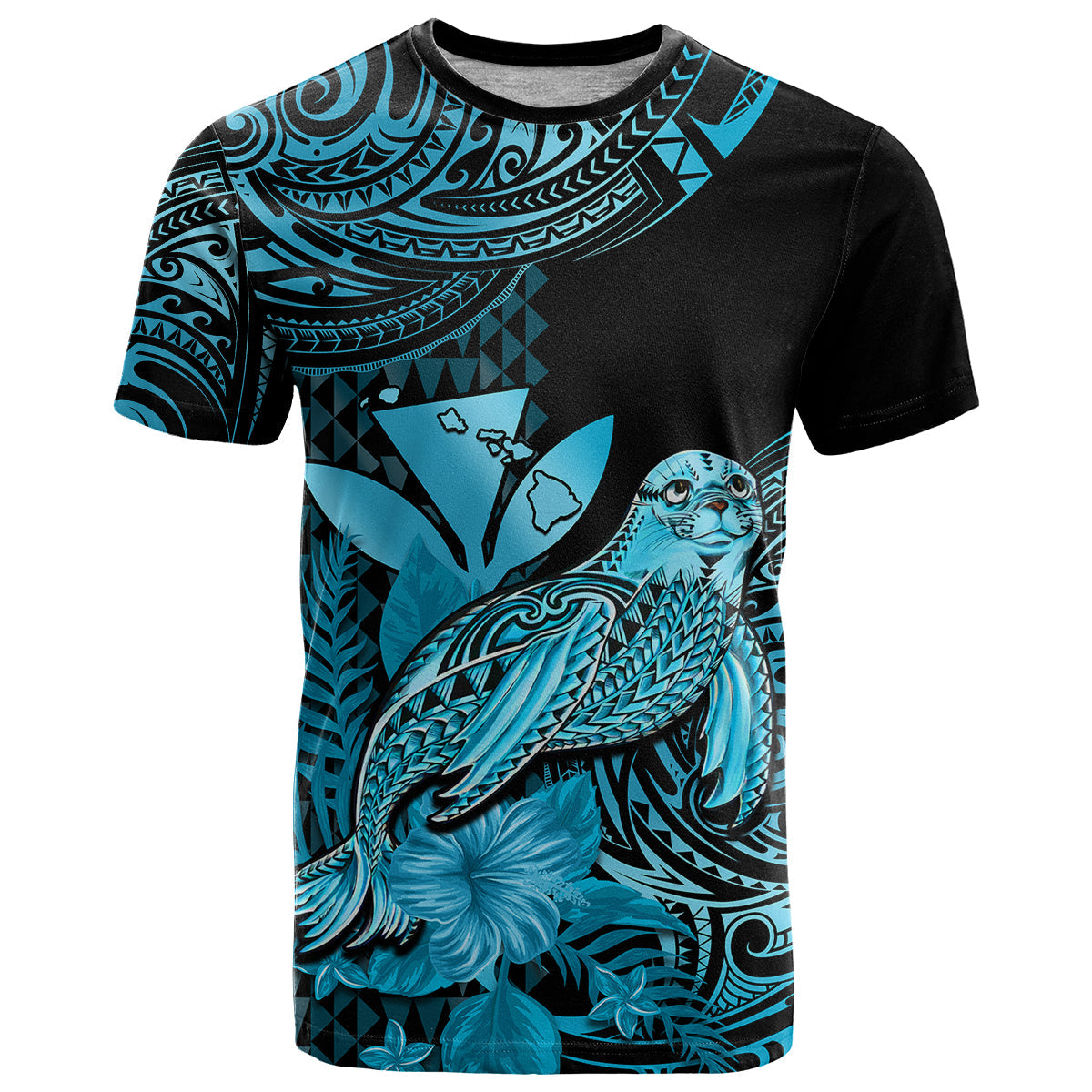 (Custom Personalised) Hawaii Monk Seal T Shirt Polynesian Kakau With Kanaka Turquoise