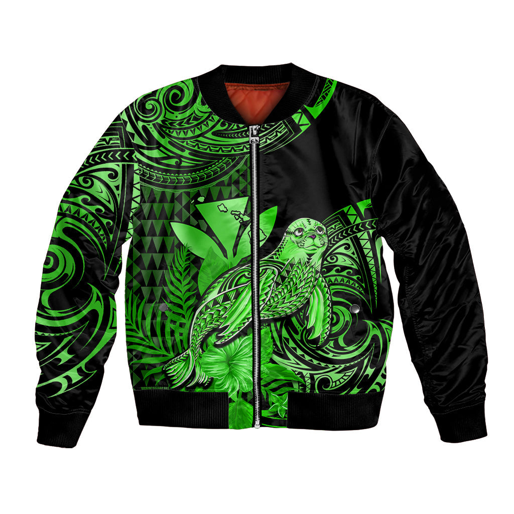 (Custom Personalised) Hawaii Monk Seal Bomber Jacket Polynesian Kakau With Kanaka Green