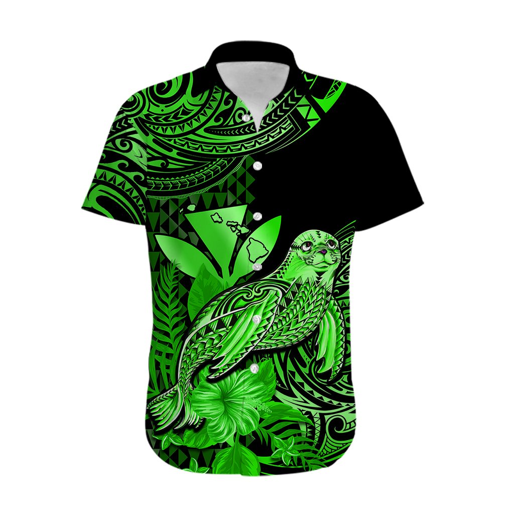 Custom Personalised Hawaii Monk Seal Hawaiian Shirt Polynesian Kakau With Kanaka Green