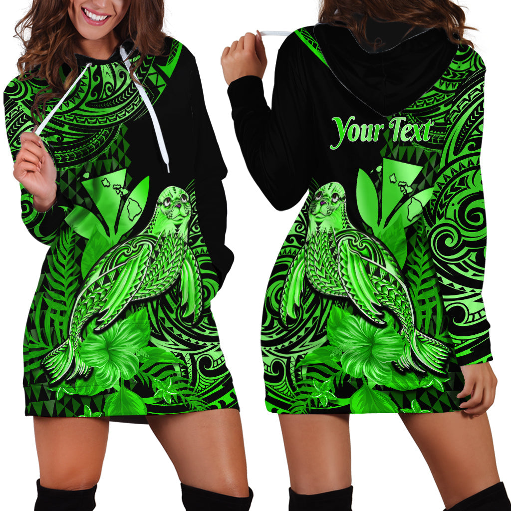 Custom Personalised Hawaii Monk Seal Hoodie Dress Polynesian Kakau With Kanaka Green