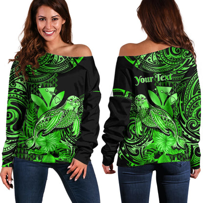 (Custom Personalised) Hawaii Monk Seal Off Shoulder Sweater Polynesian Kakau With Kanaka Green