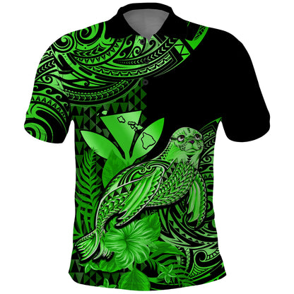 Custom Personalised Hawaii Monk Seal Polo Shirt Polynesian Kakau With Kanaka Green
