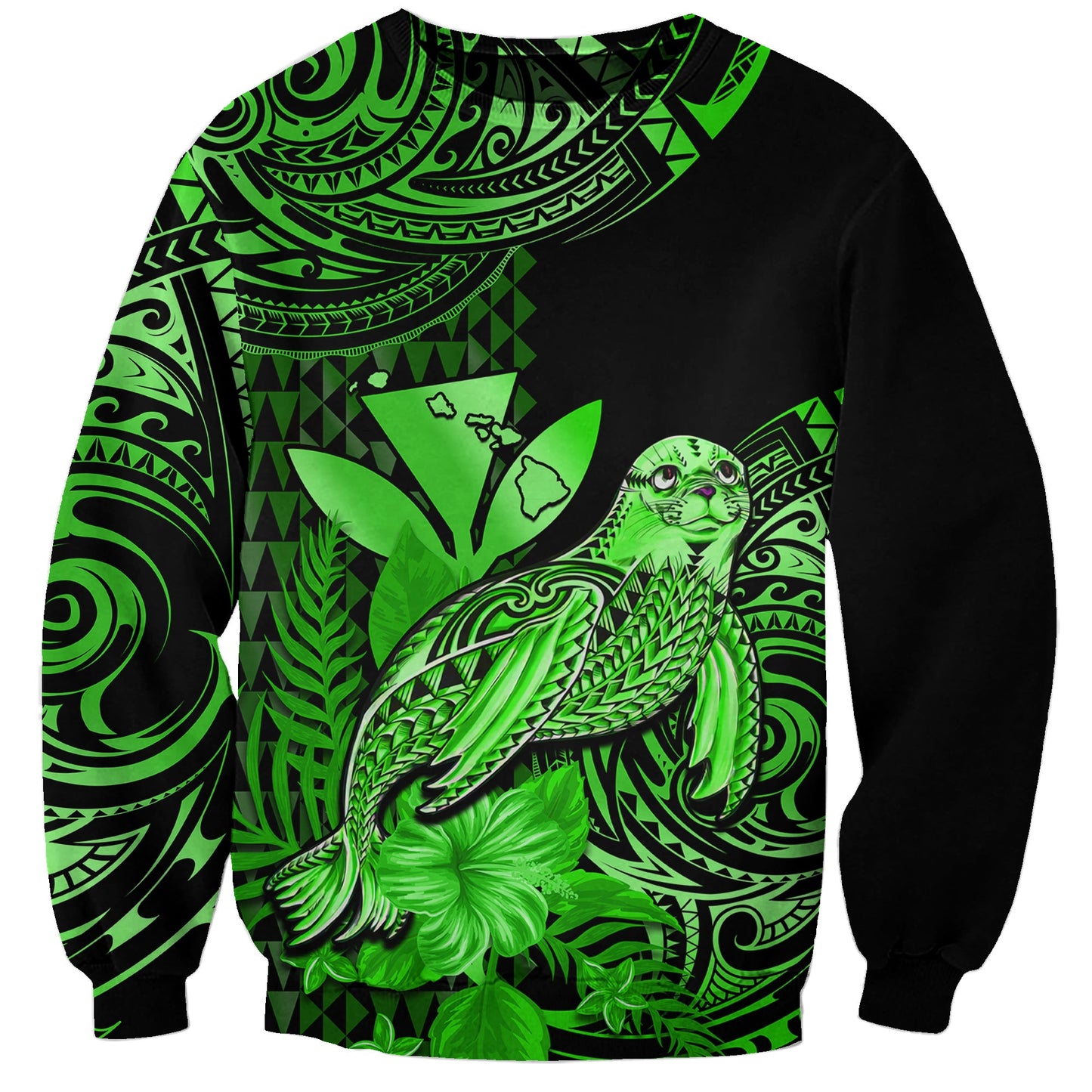 Custom Personalised Hawaii Monk Seal Sweatshirt Polynesian Kakau With Kanaka Green