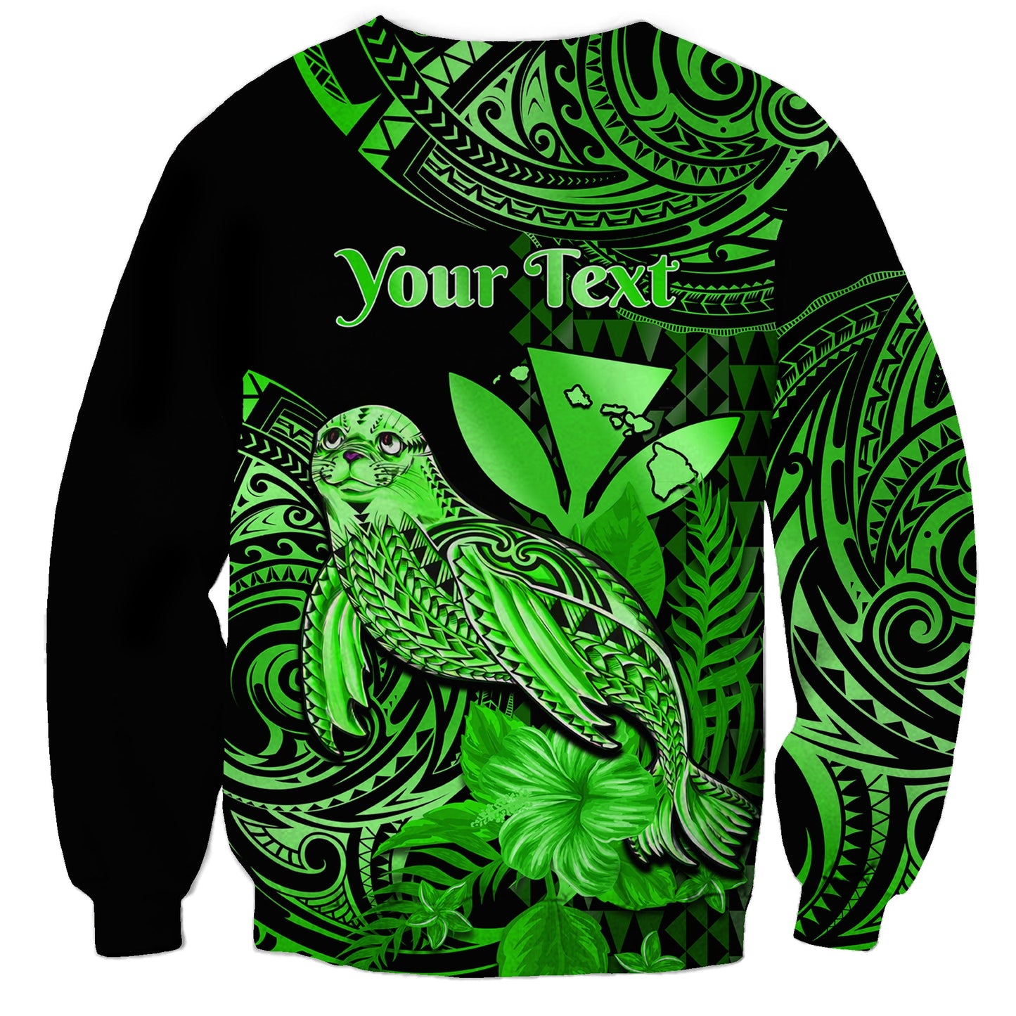 Custom Personalised Hawaii Monk Seal Sweatshirt Polynesian Kakau With Kanaka Green