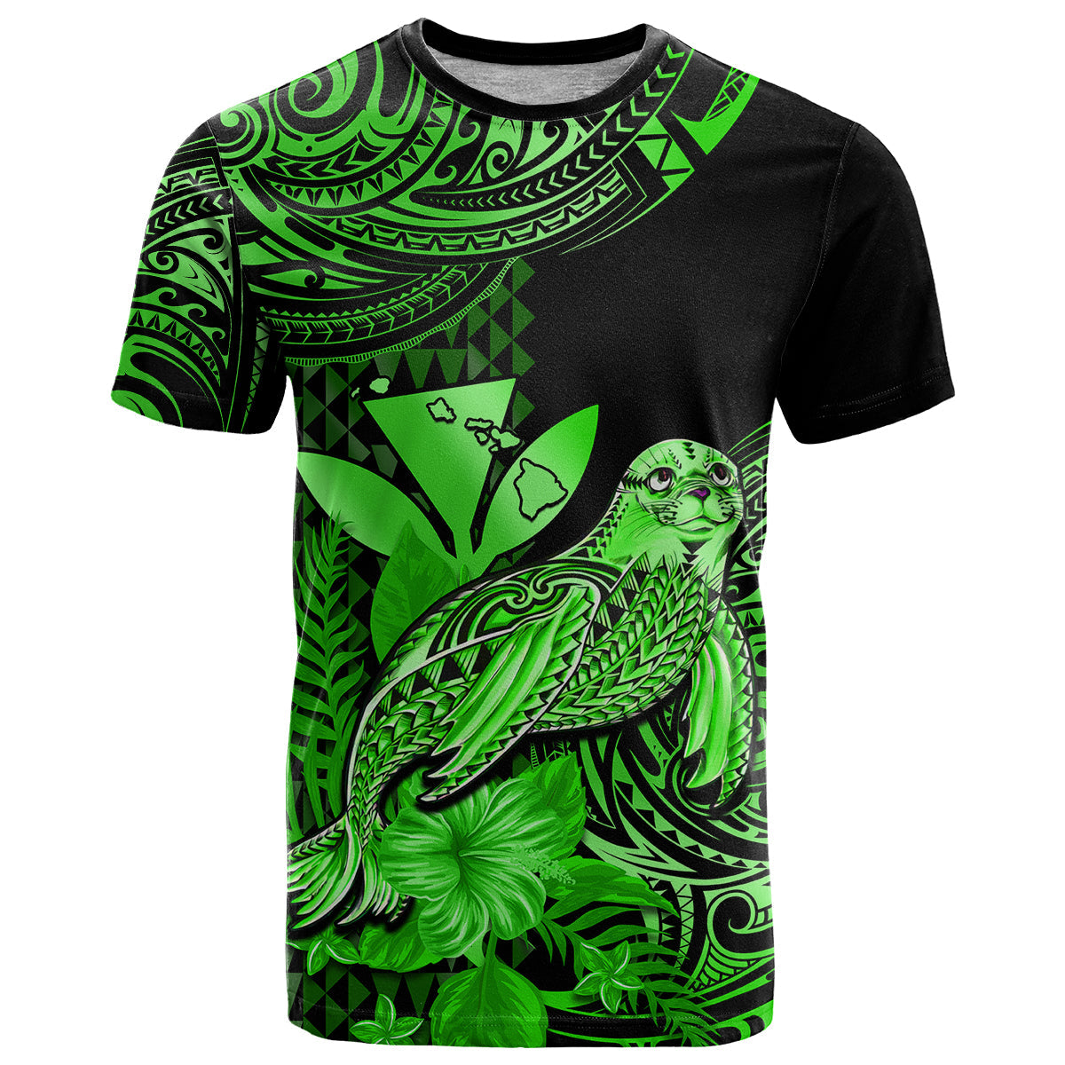 (Custom Personalised) Hawaii Monk Seal T Shirt Polynesian Kakau With Kanaka Green