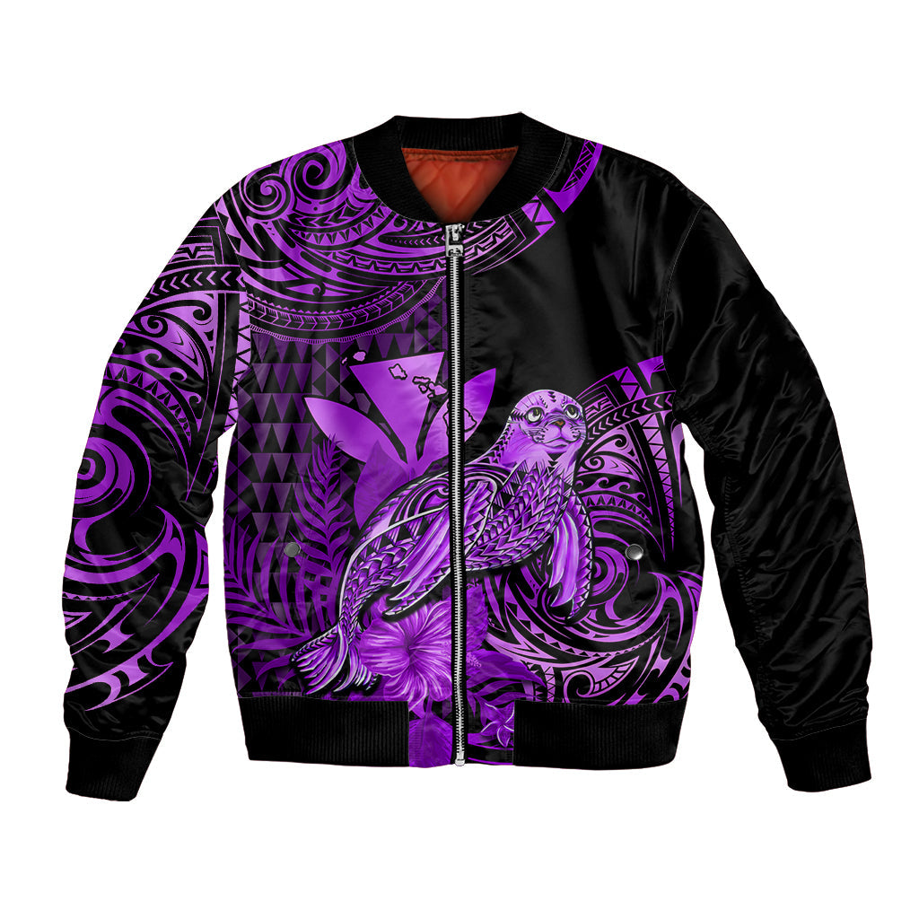 (Custom Personalised) Hawaii Monk Seal Bomber Jacket Polynesian Kakau With Kanaka Purple