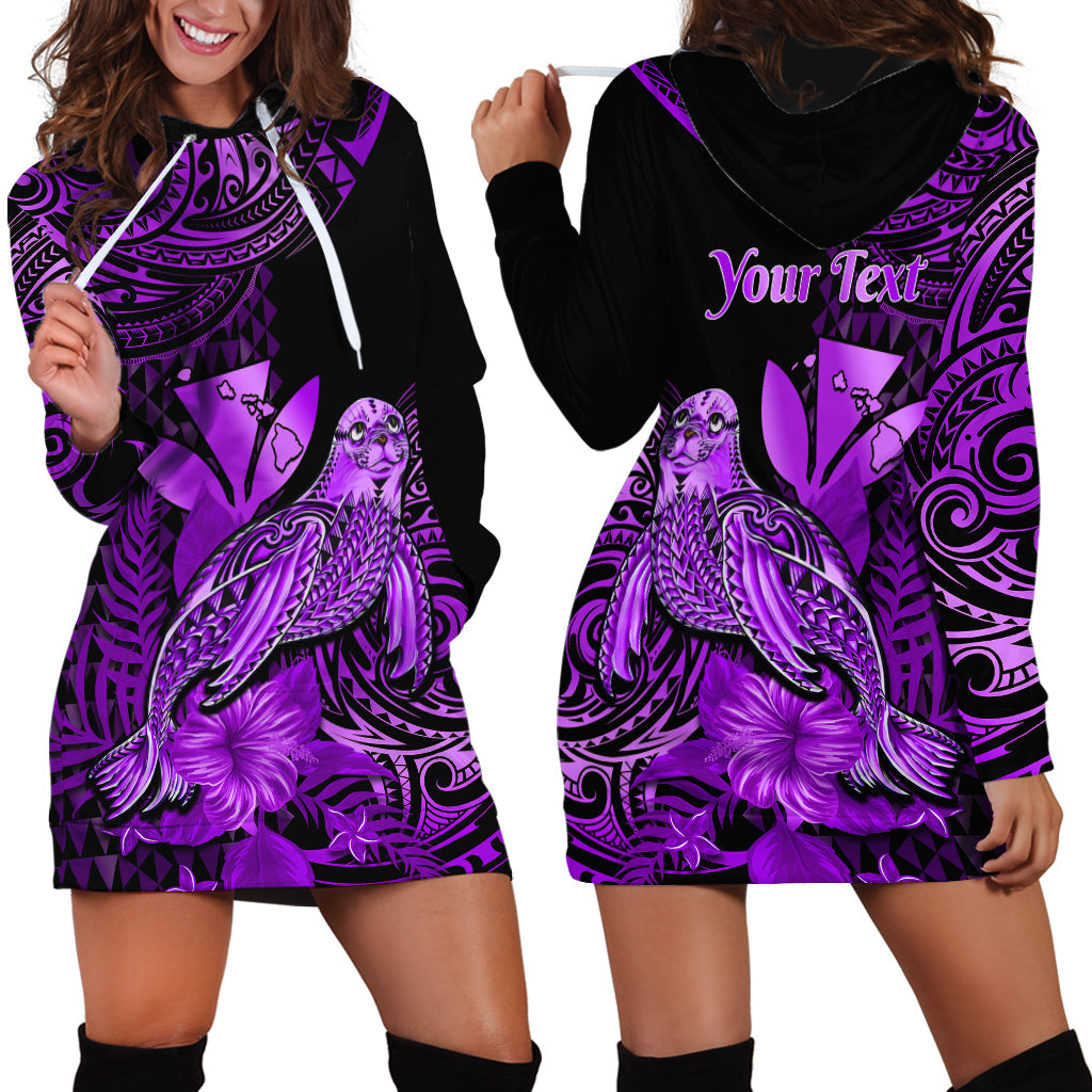 Custom Personalised Hawaii Monk Seal Hoodie Dress Polynesian Kakau With Kanaka Purple