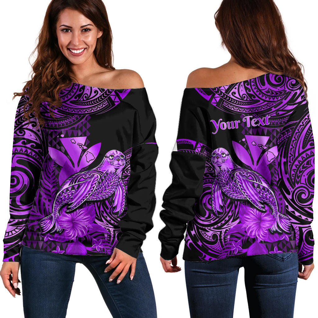 (Custom Personalised) Hawaii Monk Seal Off Shoulder Sweater Polynesian Kakau With Kanaka Purple