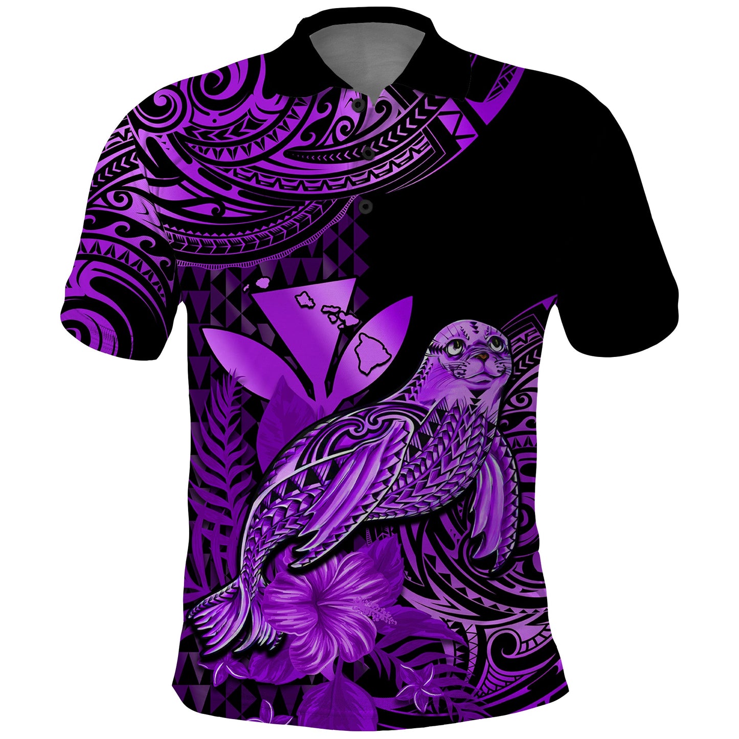 Custom Personalised Hawaii Monk Seal Polo Shirt Polynesian Kakau With Kanaka Purple