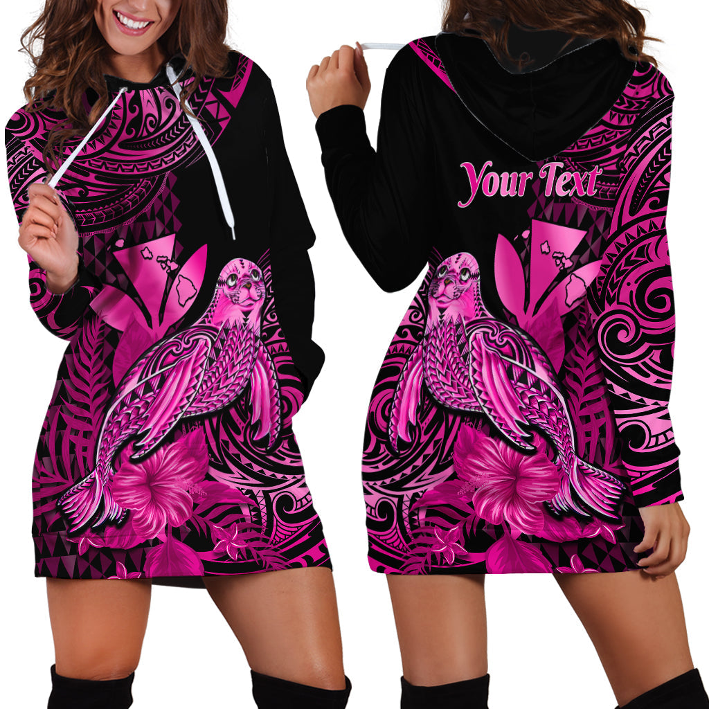 Custom Personalised Hawaii Monk Seal Hoodie Dress Polynesian Kakau With Kanaka Pink