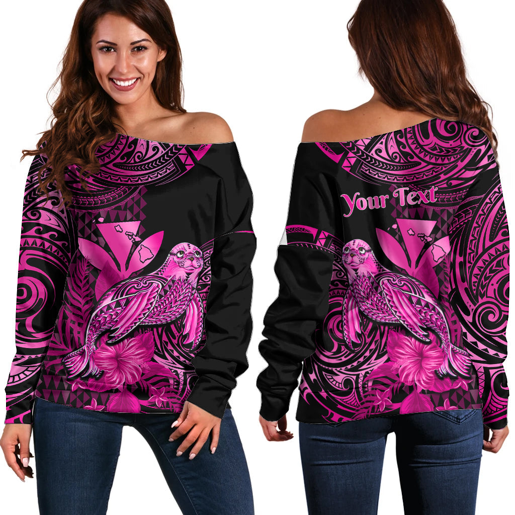 (Custom Personalised) Hawaii Monk Seal Off Shoulder Sweater Polynesian Kakau With Kanaka Pink