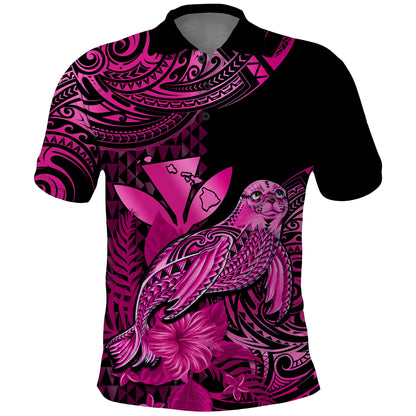 Custom Personalised Hawaii Monk Seal Polo Shirt Polynesian Kakau With Kanaka Pink