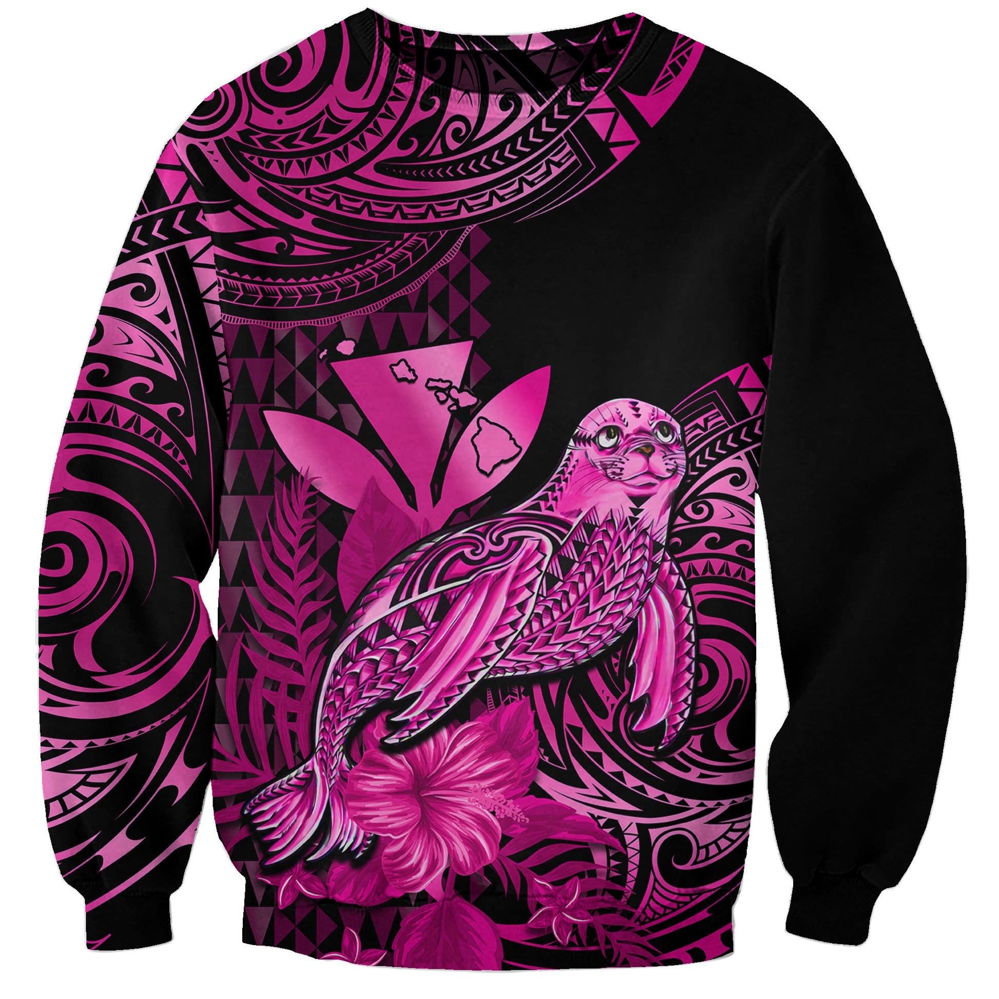 Custom Personalised Hawaii Monk Seal Sweatshirt Polynesian Kakau With Kanaka Pink