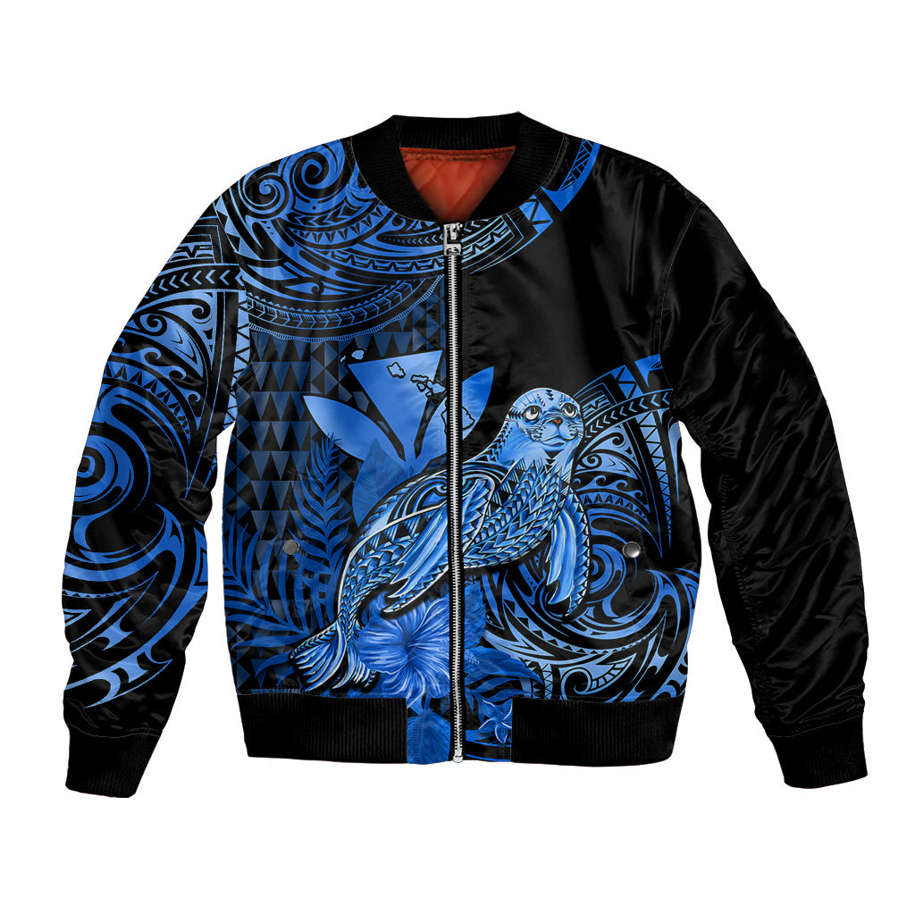 (Custom Personalised) Hawaii Monk Seal Bomber Jacket Polynesian Kakau With Kanaka Blue