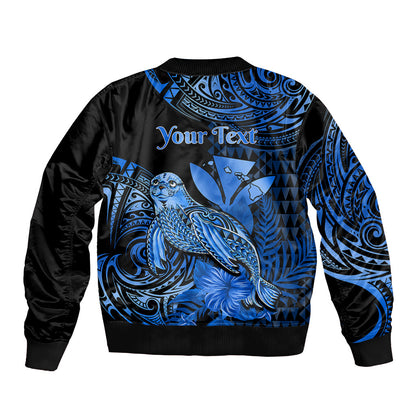 (Custom Personalised) Hawaii Monk Seal Bomber Jacket Polynesian Kakau With Kanaka Blue