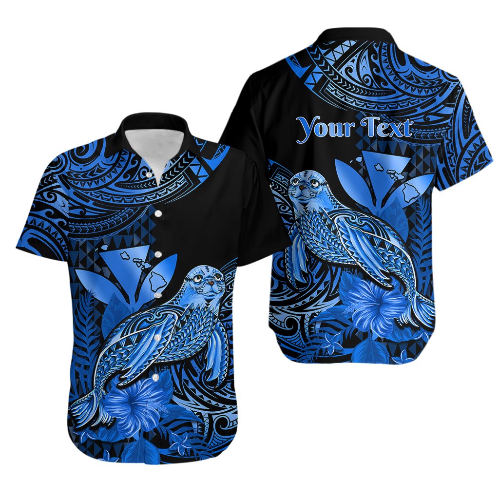Custom Personalised Hawaii Monk Seal Hawaiian Shirt Polynesian Kakau With Kanaka Blue