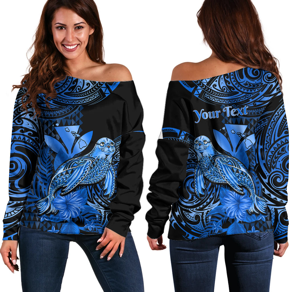 (Custom Personalised) Hawaii Monk Seal Off Shoulder Sweater Polynesian Kakau With Kanaka Blue