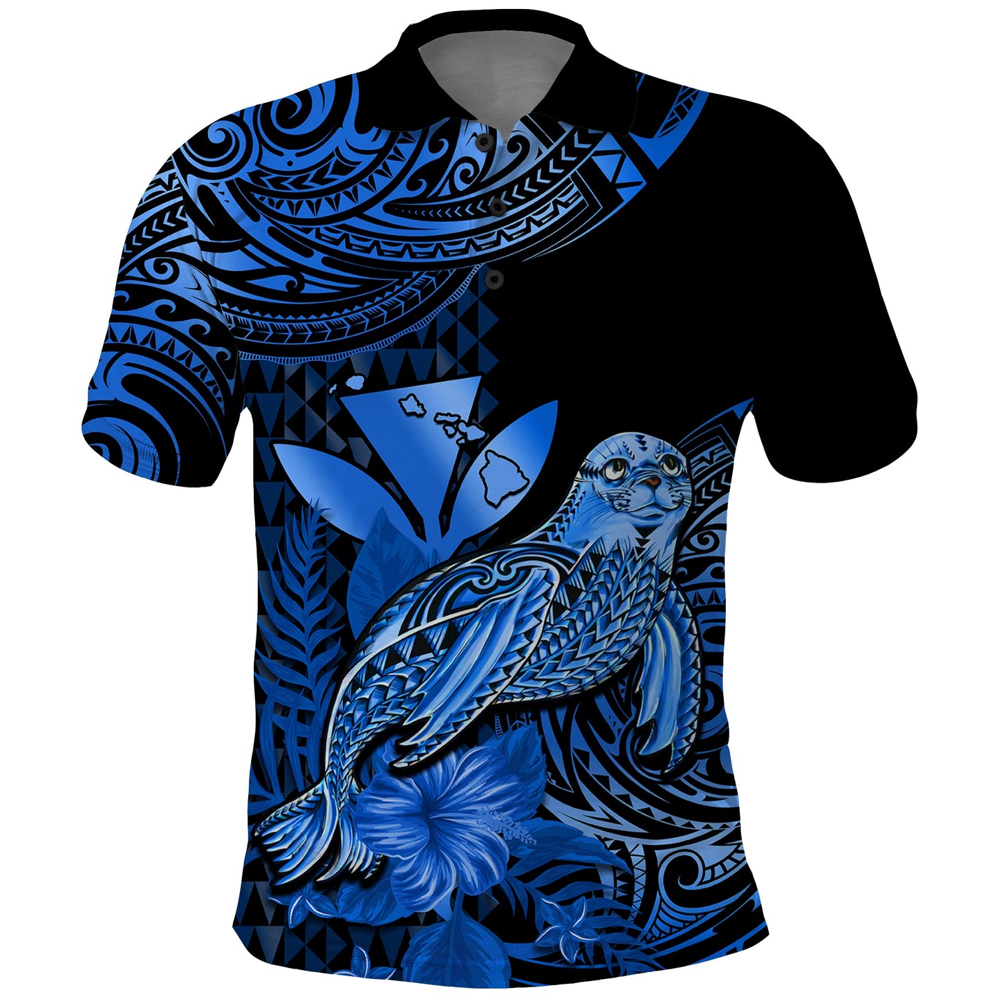 Custom Personalised Hawaii Monk Seal Polo Shirt Polynesian Kakau With Kanaka Blue