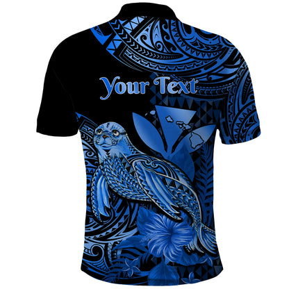 Custom Personalised Hawaii Monk Seal Polo Shirt Polynesian Kakau With Kanaka Blue
