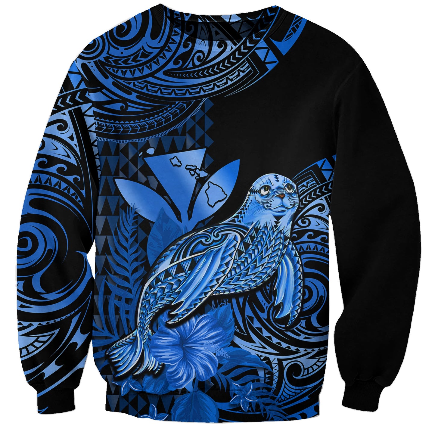 Custom Personalised Hawaii Monk Seal Sweatshirt Polynesian Kakau With Kanaka Blue