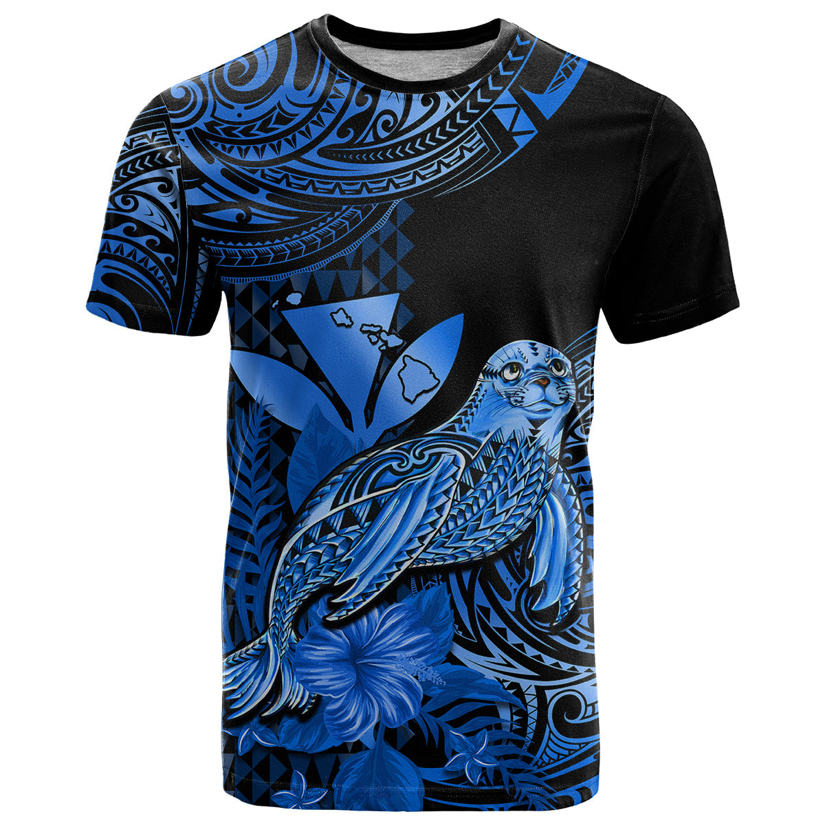 (Custom Personalised) Hawaii Monk Seal T Shirt Polynesian Kakau With Kanaka Blue