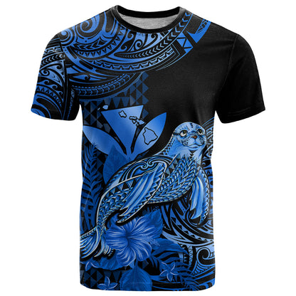 (Custom Personalised) Hawaii Monk Seal T Shirt Polynesian Kakau With Kanaka Blue