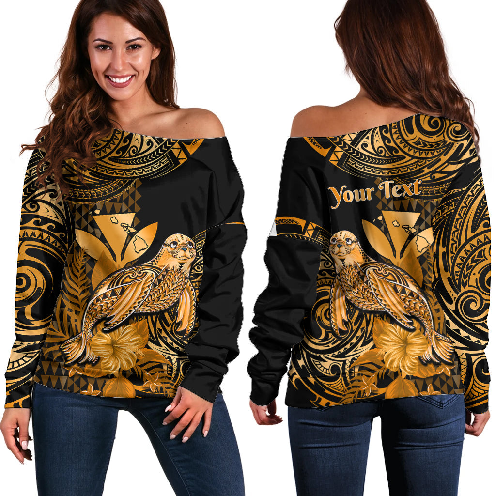 (Custom Personalised) Hawaii Monk Seal Off Shoulder Sweater Polynesian Kakau With Kanaka Gold