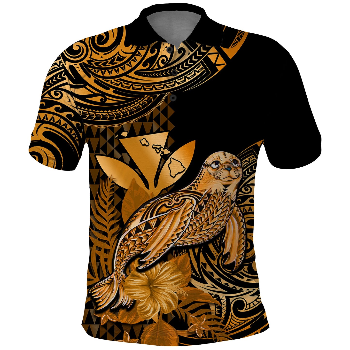 Custom Personalised Hawaii Monk Seal Polo Shirt Polynesian Kakau With Kanaka Gold