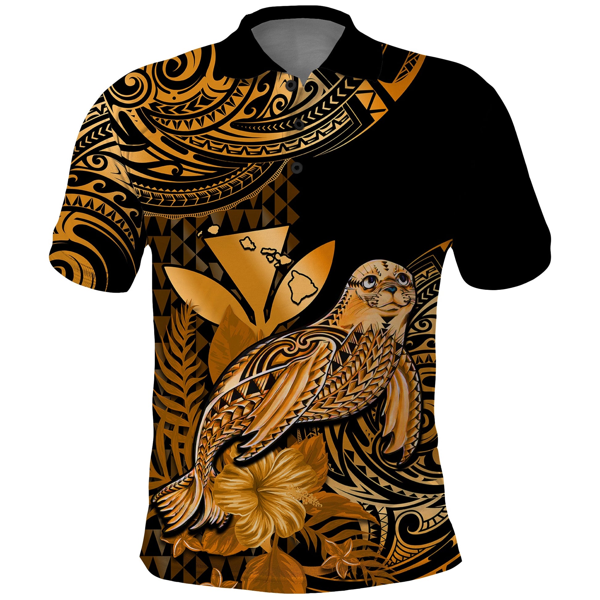 Custom Personalised Hawaii Monk Seal Polo Shirt Polynesian Kakau With Kanaka Gold