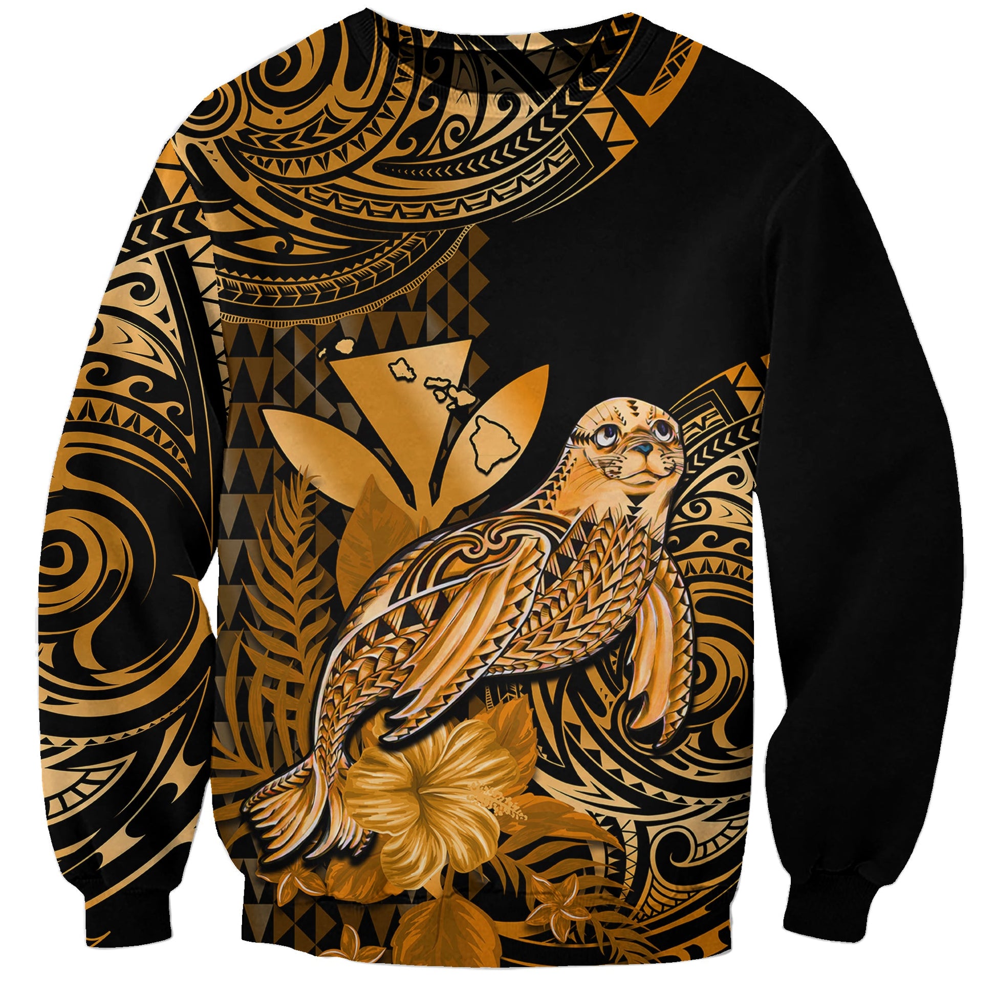 Custom Personalised Hawaii Monk Seal Sweatshirt Polynesian Kakau With Kanaka Gold
