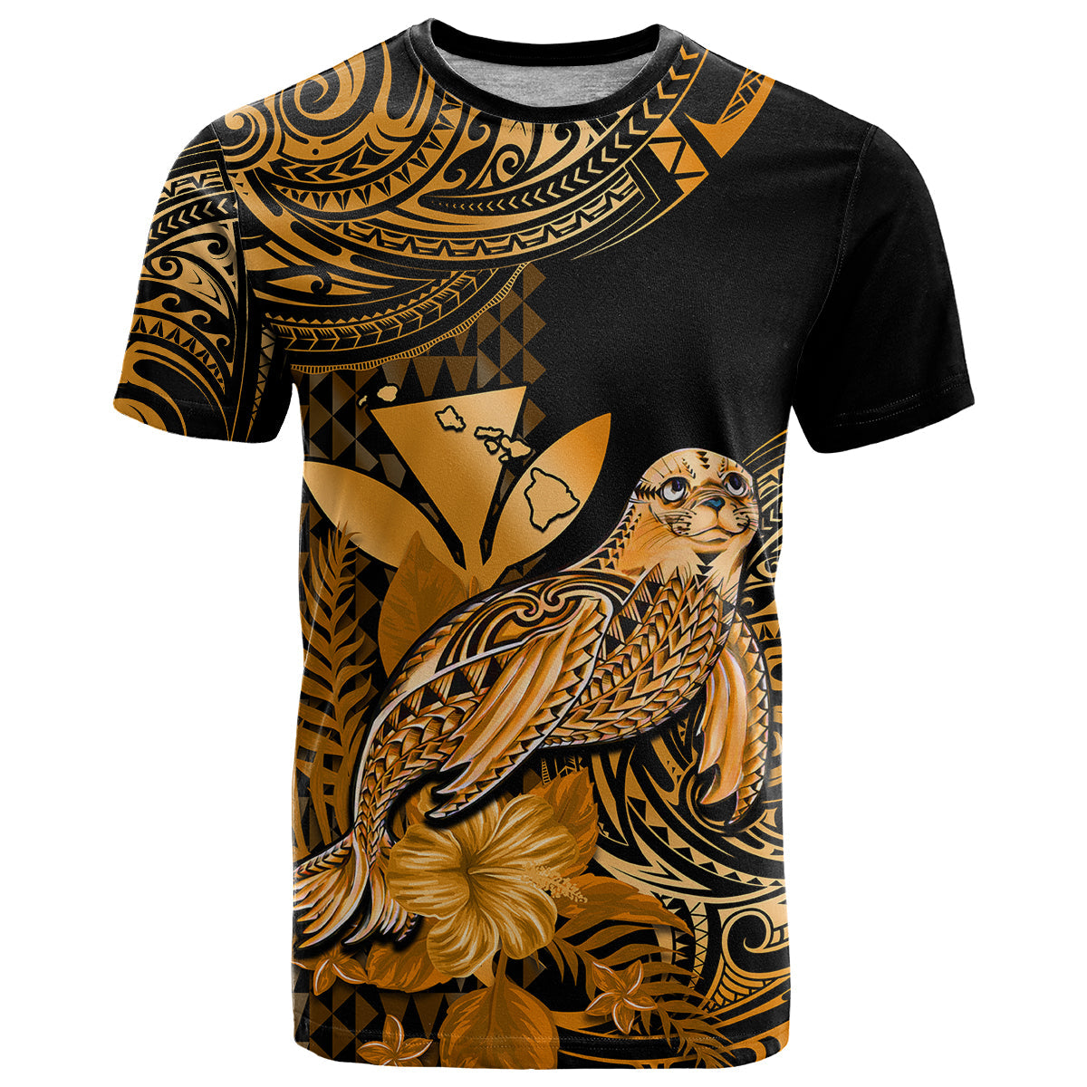 (Custom Personalised) Hawaii Monk Seal T Shirt Polynesian Kakau With Kanaka Gold