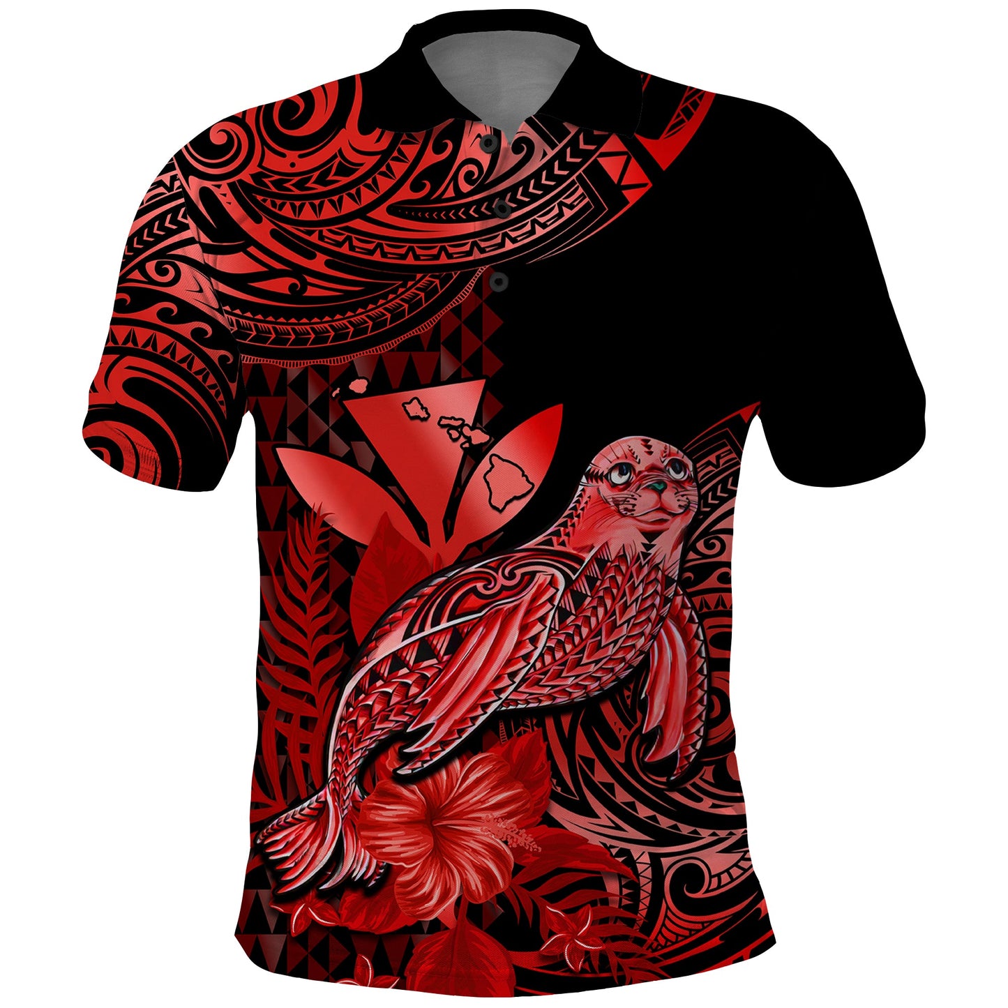 Custom Personalised Hawaii Monk Seal Polo Shirt Polynesian Kakau With Kanaka Red