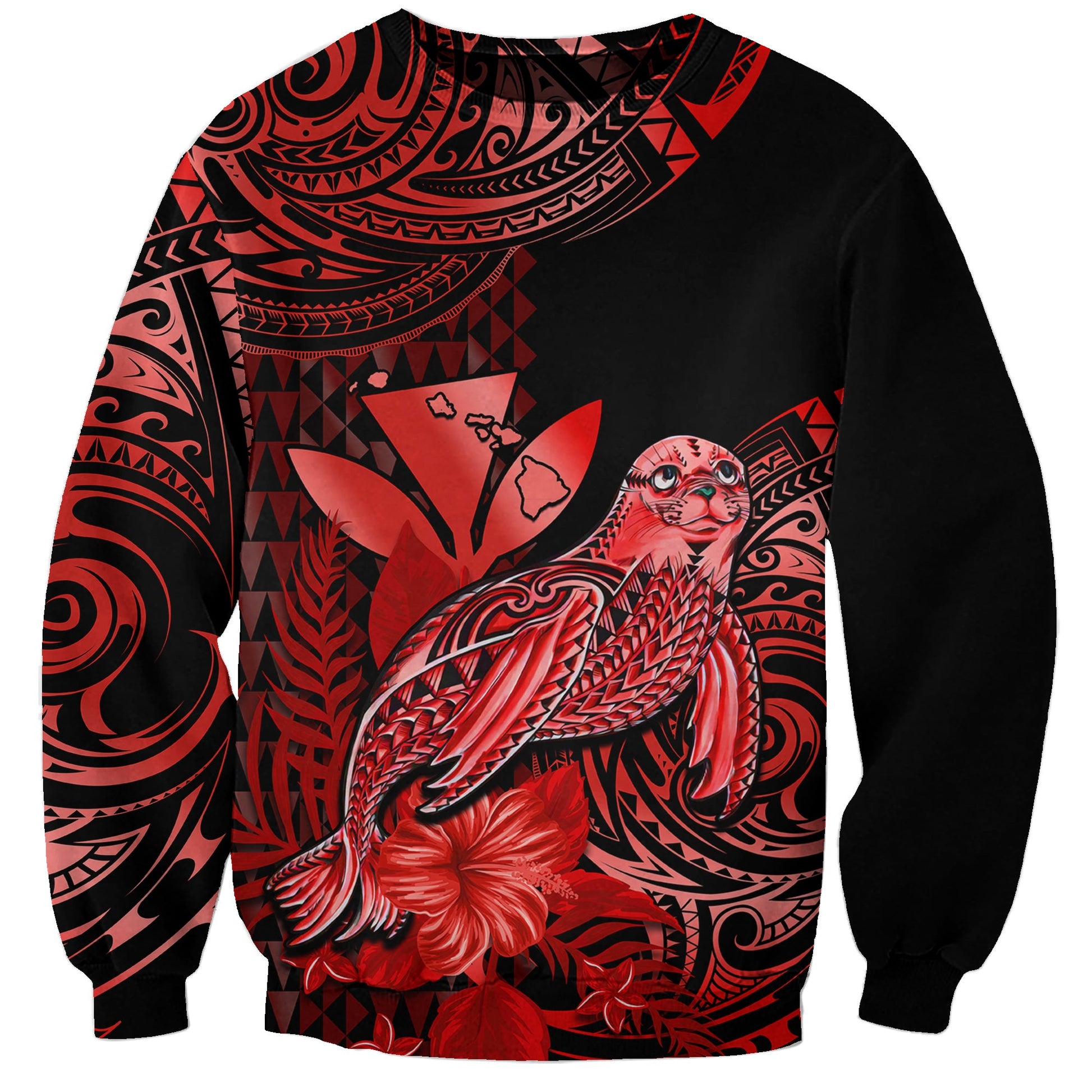 Custom Personalised Hawaii Monk Seal Sweatshirt Polynesian Kakau With Kanaka Red