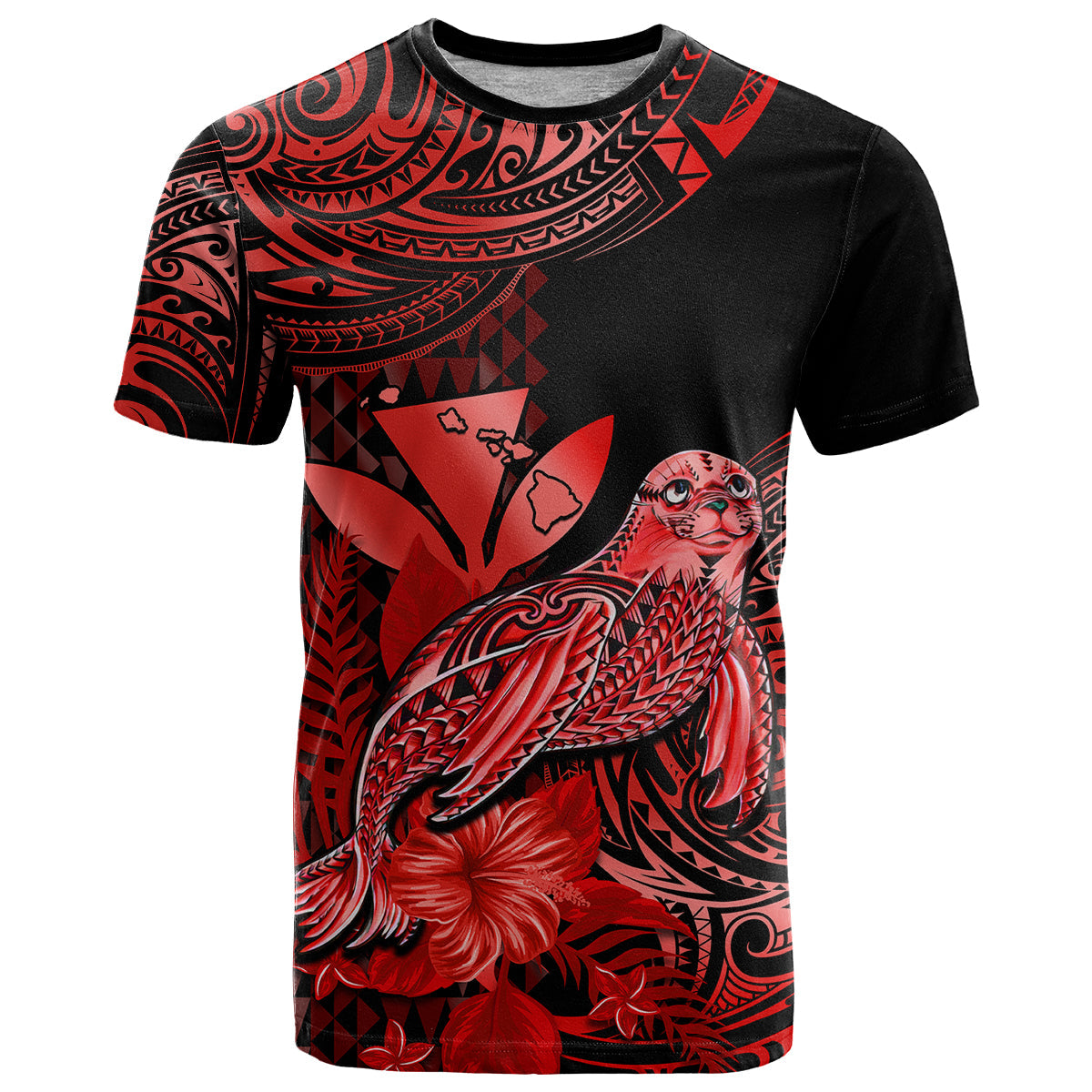 (Custom Personalised) Hawaii Monk Seal T Shirt Polynesian Kakau With Kanaka Red