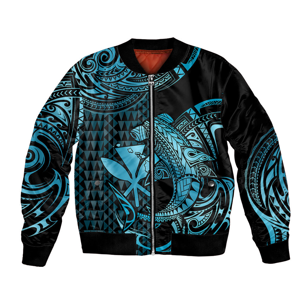 (Custom Personalised) Hawaii Hammerhead Shark Bomber Jacket Polynesian Kakau With Kanaka Turquoise