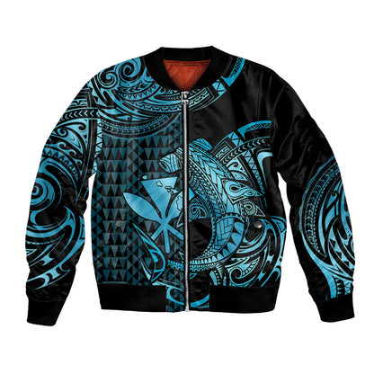 (Custom Personalised) Hawaii Hammerhead Shark Bomber Jacket Polynesian Kakau With Kanaka Turquoise