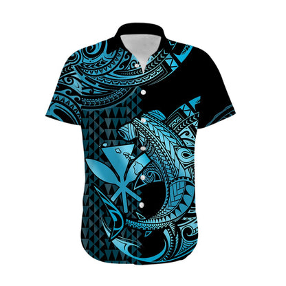 Custom Personalised Hawaii Hammerhead Shark Hawaiian Shirt Polynesian Kakau With Kanaka Turquoise