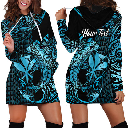 Custom Personalised Hawaii Hammerhead Shark Hoodie Dress Polynesian Kakau With Kanaka Turquoise