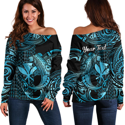 (Custom Personalised) Hawaii Hammerhead Shark Off Shoulder Sweater Polynesian Kakau With Kanaka Turquoise